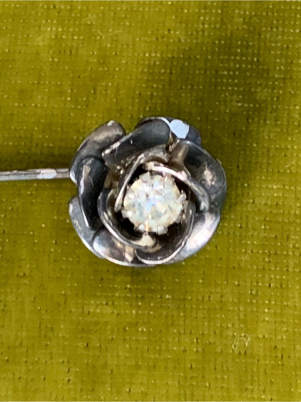 Vintage Unmarked SS Stick Flower Pin with Rhinestone Center
